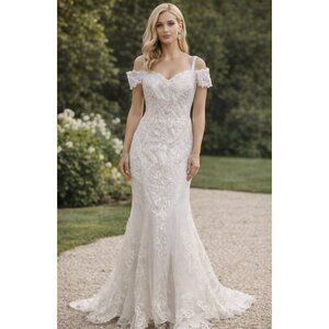 White Lace Mermaid Wedding Dress Size 18W Off Shoulder Bridal Gown Train